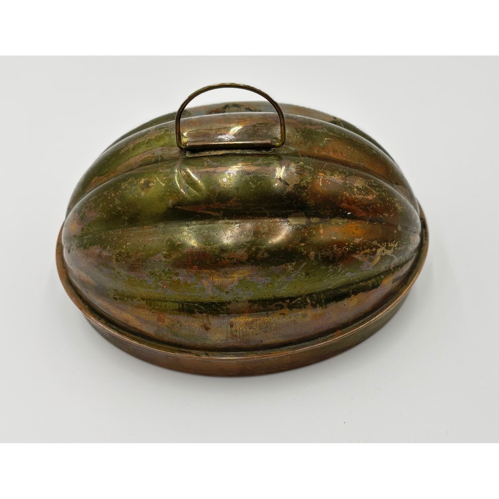 Antique Kreamer Copper Melon Mold Two Piece Lidded Fluted,  Tin Lined